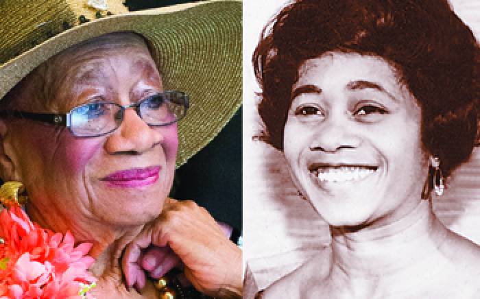 Two pictures. The picture on the left features an older woman with a hat and glasses and smiling softly. The right picture is of the same women, but much younger, she is smiling widely. 