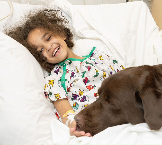 patient in bed with a support dog