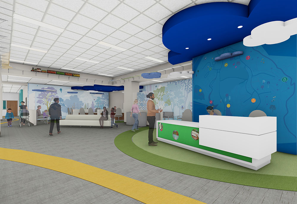 Rendering of the Pediatric Specialty Care Center in Wentzville lobby area