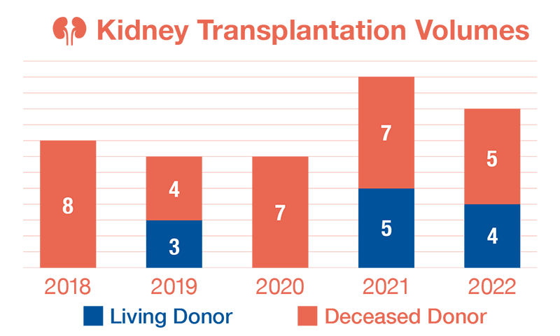 Graph showing St. Louis Children’s Hospital Kidney Transplantation Volumes and Outcomes 2018 - 2022